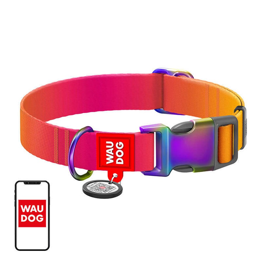 Hunde - Waudog Nylon Dog Collar with QR code Gradient Orange XL 25mm 37-58cm - 46504