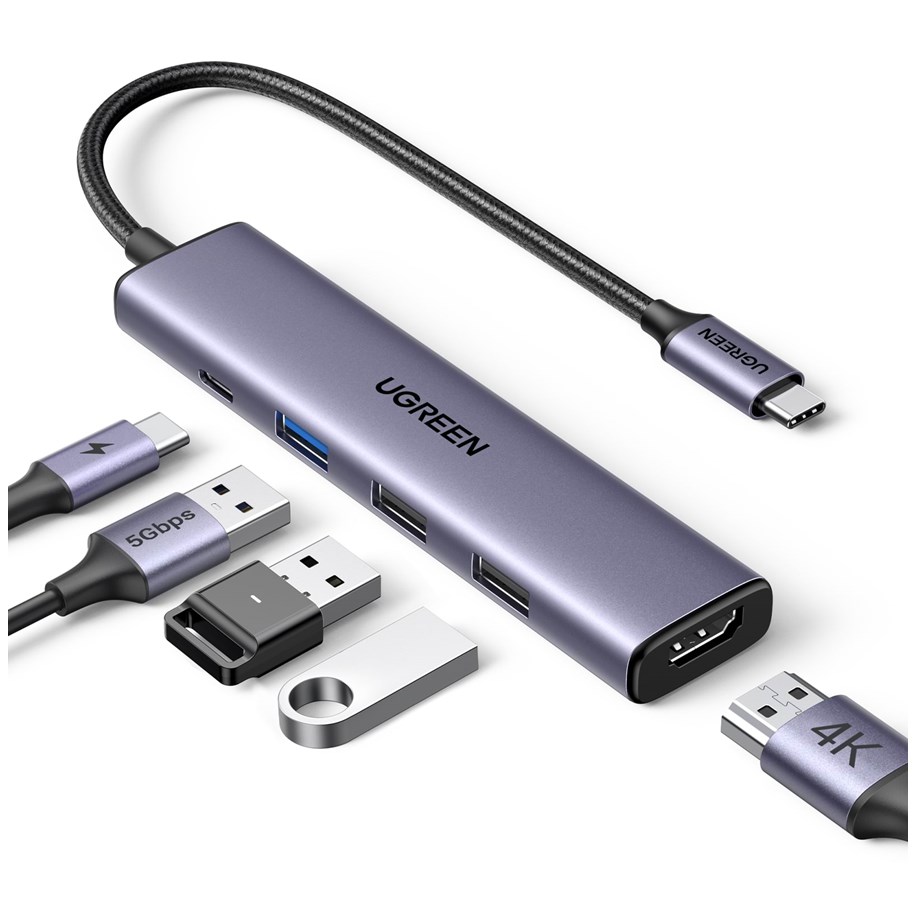 Dockingstationen - UGREEN 5-in-1 USB-C to 1*USB.3.0+2*USB.2.0+HDMI Hub with USB-C Power Supply - 15495-UG