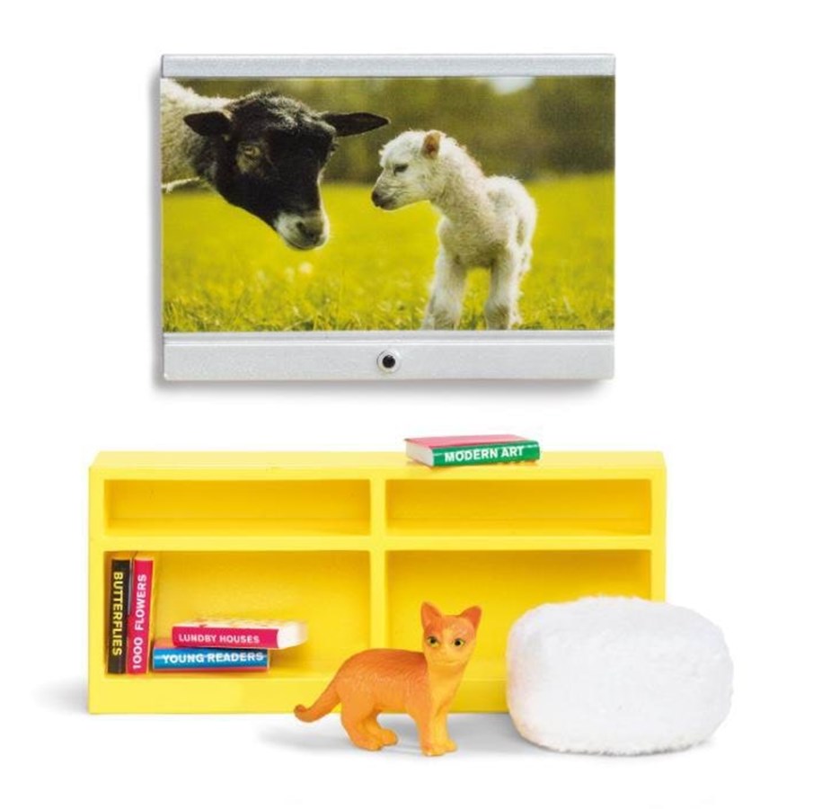 Dolls & Accessories - Lundby Gul Reol m/TV bøger kat & puf - 18246