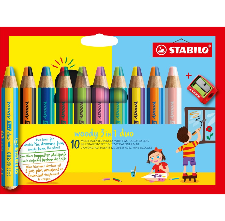 Utensilien zum Schreiben und Zeichnen - STABILO woody 3 in 1 Duo - Multitalent Coloured Pencil - Set 10 pcs. + Pencil Sharpener - 882/10-2