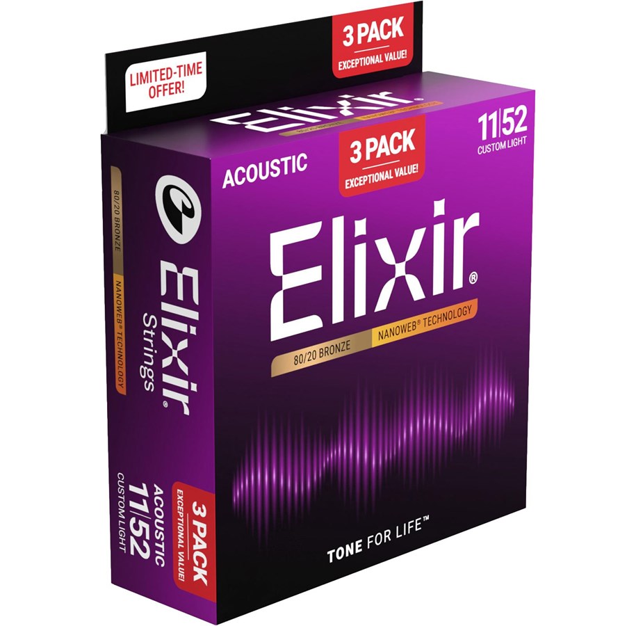 Musikinstrumente & DJ-Ausstattung - Elixir Strings 16564 - 80/20 Bronze - Akustik-Saiten - Nanoweb - Custom Light (11-52) - 3er-Pack - CEL 16564