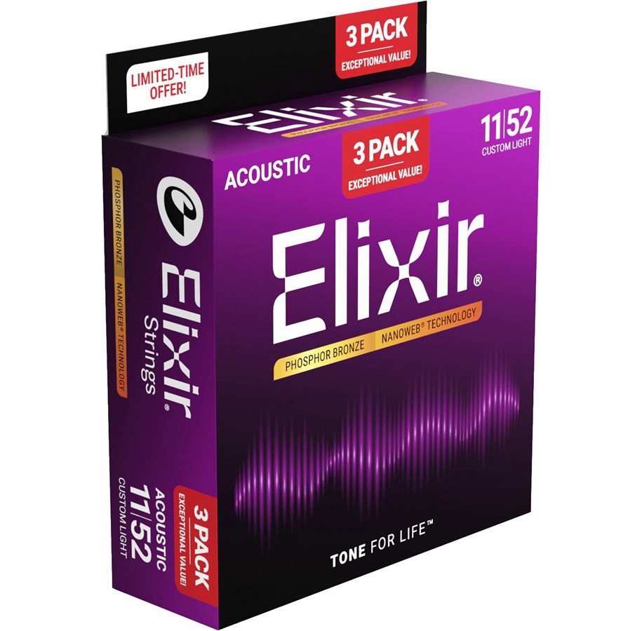 Musikinstrumente & DJ-Ausstattung - Elixir Strings 16568 - Phosphor Bronze - Akustik-Saiten - Nanoweb - Custom Light (11-52) - 3er-Pack - CEL 16568