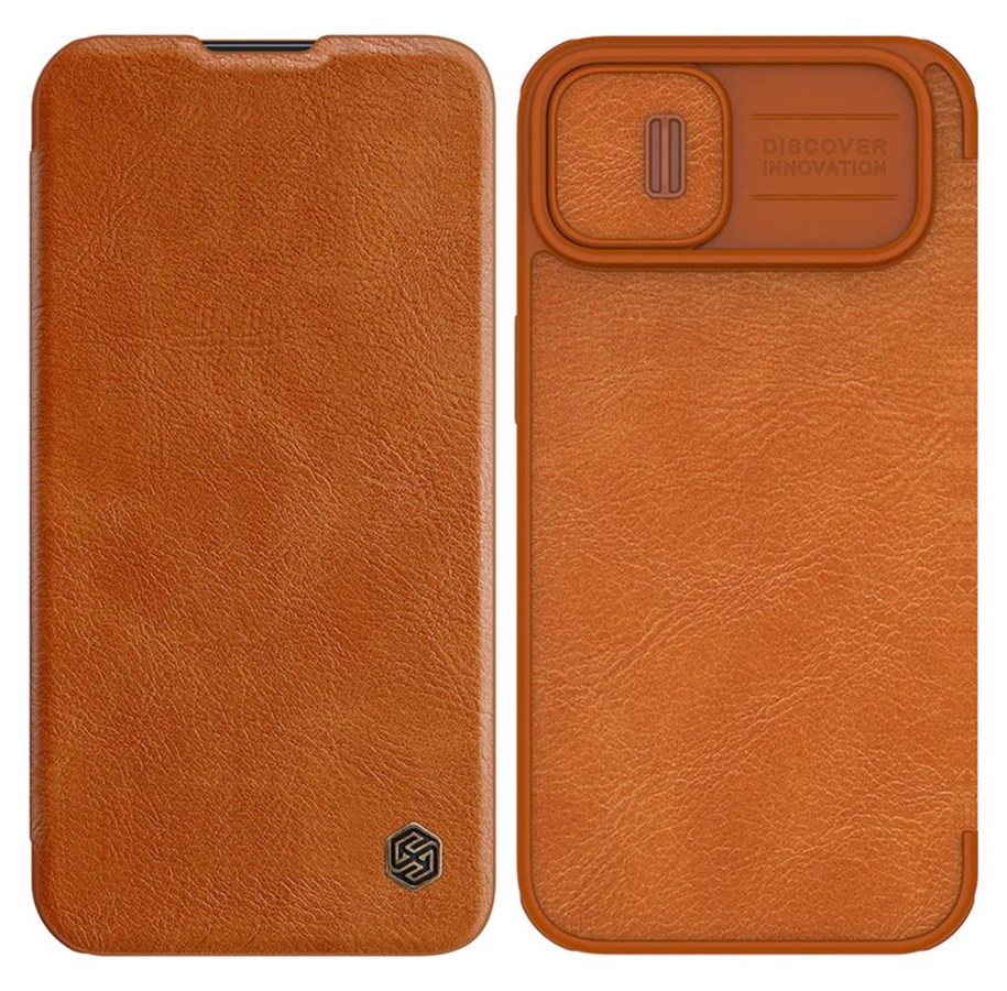 Handys - Cover & Cases - Nillkin Qin Leather Pro Case iPhone 14 Plus Case Camera Cover Holster Cover Flip Case Brown - 6902048248984