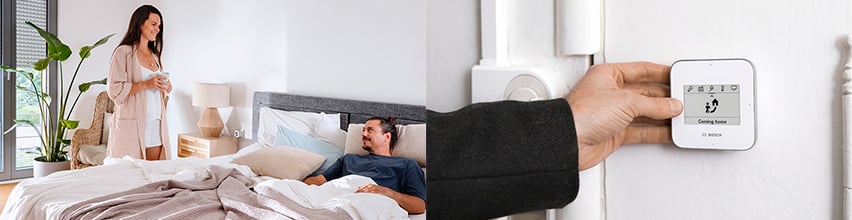 Paar im Schlafzimmer und Hand drückt auf Bosch Smart Home Universal Switch II mit aktiviertem „Coming home“-Szenario