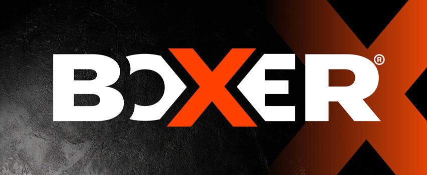 Boxer Werkzeug Logo auf schwarzem Hintergrund mit orangenem X – professionelles Handwerkzeug für Fachleute und Heimwerker