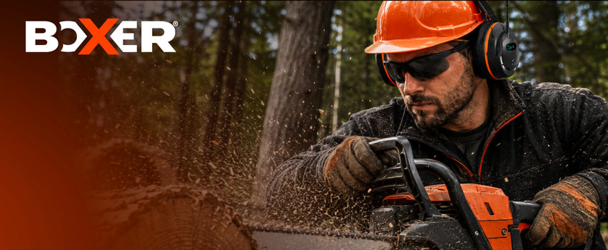 Boxer Sicherheitsausrüstung – Arbeiter mit Gehörschutz, Schutzbrille und Helm bedient Kettensäge im Wald