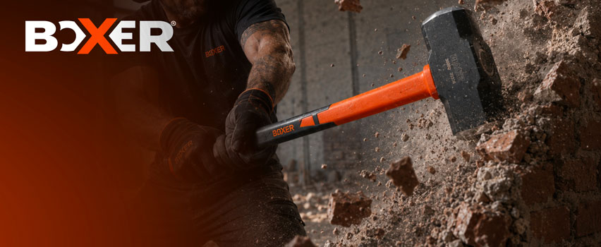 Boxer Vorschlaghammer mit orangem Stiel – Handwerker bricht Betonwand mit schwerem Boxer Schlagwerkzeug
