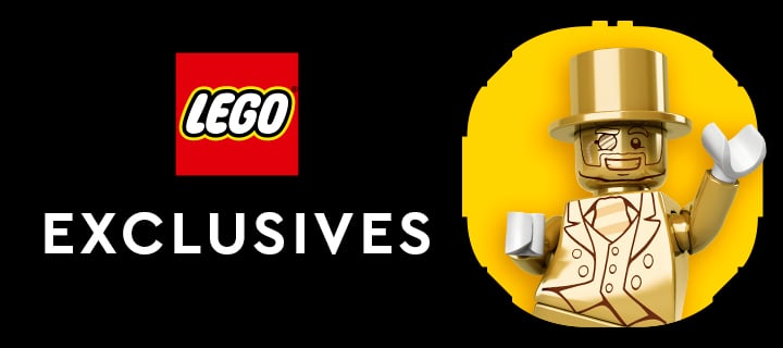 LEGO Exclusives-Banner mit LEGO Logo und goldener Mr. Gold-Minifigur mit Zylinder und Monokel