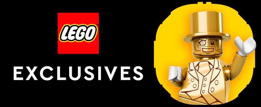 LEGO Exclusives-Banner mit LEGO Logo und goldener Mr. Gold-Minifigur mit Zylinder und Monokel