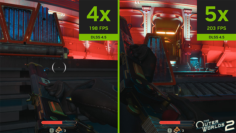 The Outer Worlds 2 split-screen comparison showing DLSS 4.5 Dynamic Multi Frame Generation at 4x 198 FPS versus 5x 203 FPS
