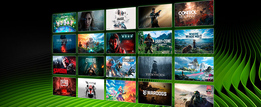 Grid of DLSS 4.5 supported game titles including CONTROL Resonant, 007 First Light, Gray Zone Warfare and many more GeForce RTX-powered games
