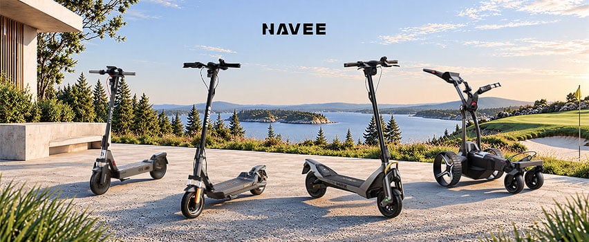 Navee E-Scooter und Elektro-Golftrolley auf einer Terrasse mit Blick auf das Wasser und einen Golfplatz