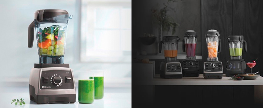 Vitamix Mixer gefüllt mit frischem Gemüse und grünem Saft neben vier Vitamix-Modellen mit bunten Smoothies
