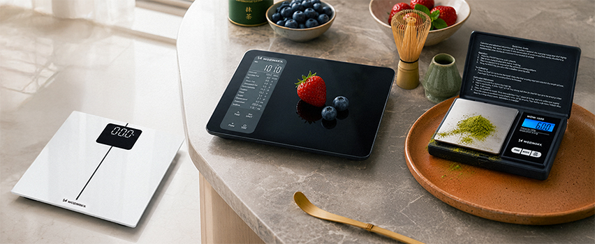 Wozinsky digitale Küchenwaagen und Personenwaage auf Marmortisch mit Erdbeeren, Blaubeeren und Matcha-Tee